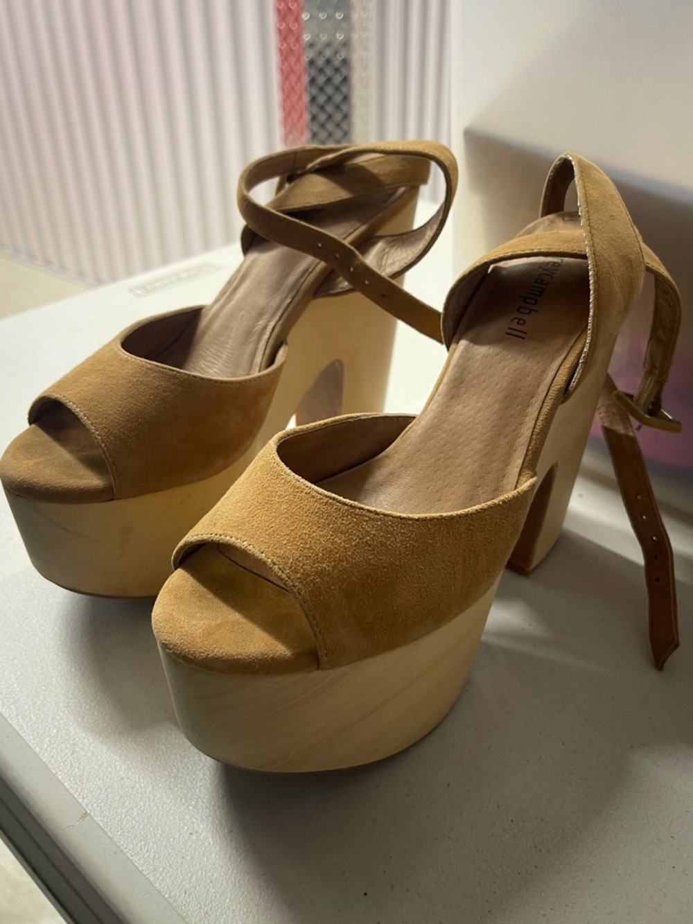 Jeffrey Campbell Tan Suede Platform Peep-Toe Sandals with Ankle Strap